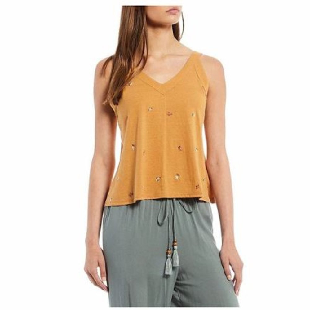Coco + Jaimeson Mustard Flower Embroidery V-neck Tank Top L